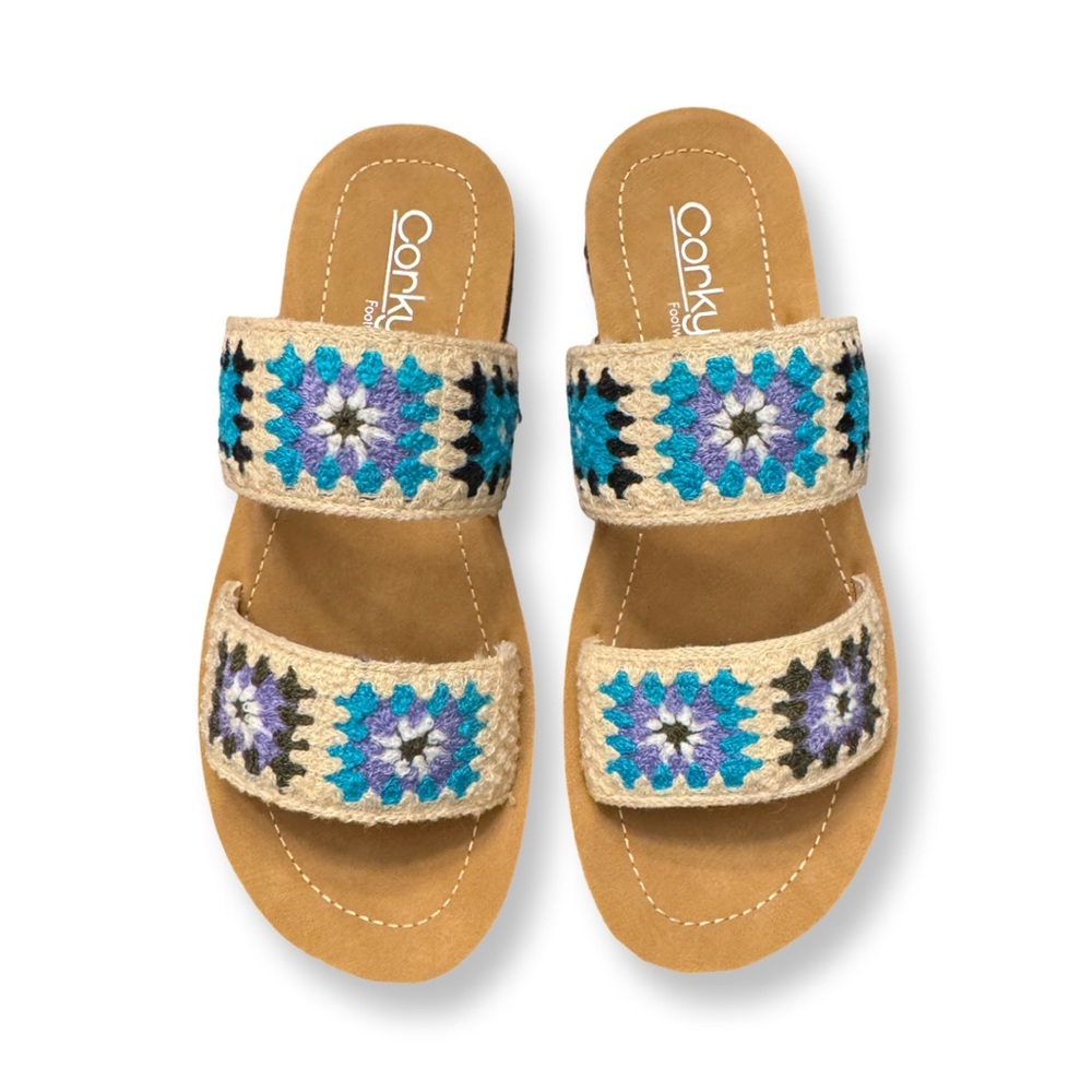 New Corkys Toodles Light Blue Embroidered Sandals - Picture 2 of 4